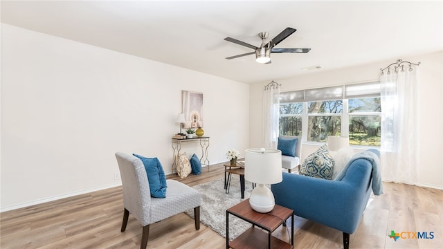 sitting room featuring ceiling fan and light hardwood / wood-style floors