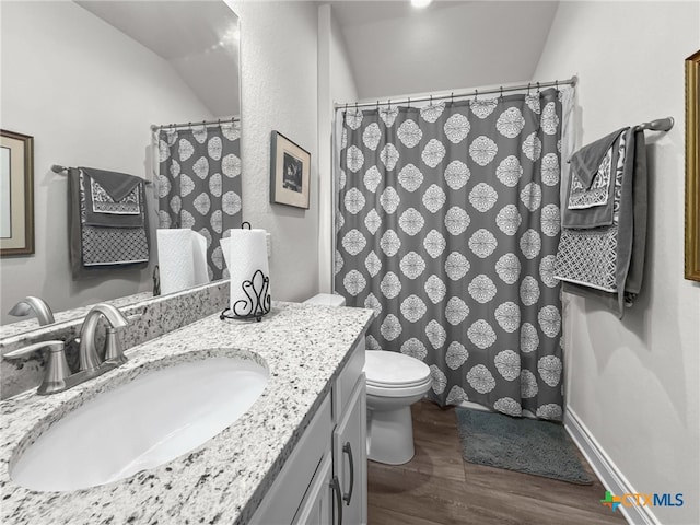 full bath with toilet, wood finished floors, and vanity