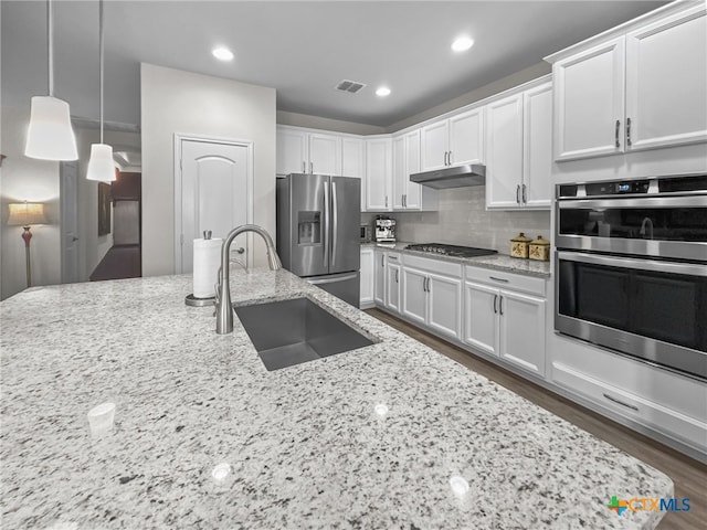 kitchen with under cabinet range hood, appliances with stainless steel finishes, a sink, and white cabinets