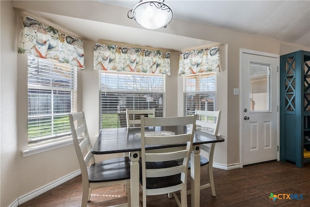 dining room with a healthy amount of sunlight, baseboards, and dark wood-style flooring