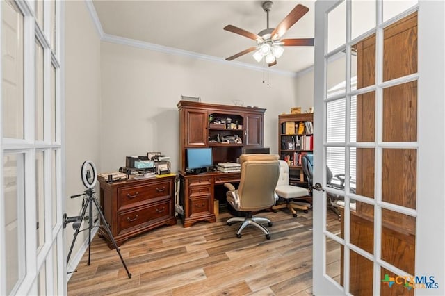 2755 Bowles Ranch Rd, Belton, TX 76513 - office with ceiling fan, ornamental molding, and light wood finished floors