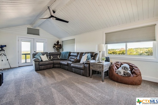 living room featuring carpet, plenty of natural light, wood ceiling, and french doors