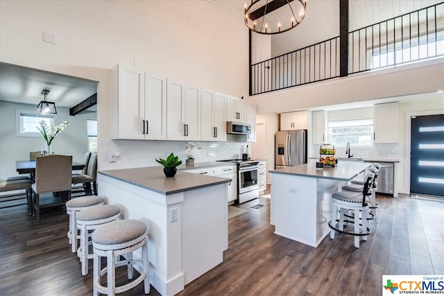 kitchen with white cabinets, a kitchen breakfast bar, stainless steel appliances, and a high ceiling