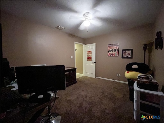 carpeted office with ceiling fan