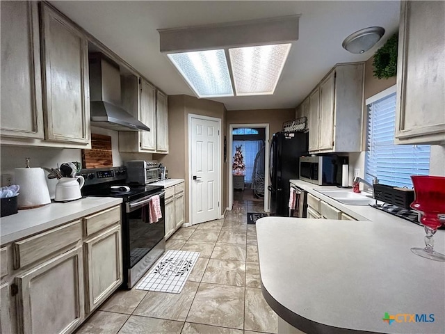 kitchen with wall chimney range hood, stainless steel appliances, and sink