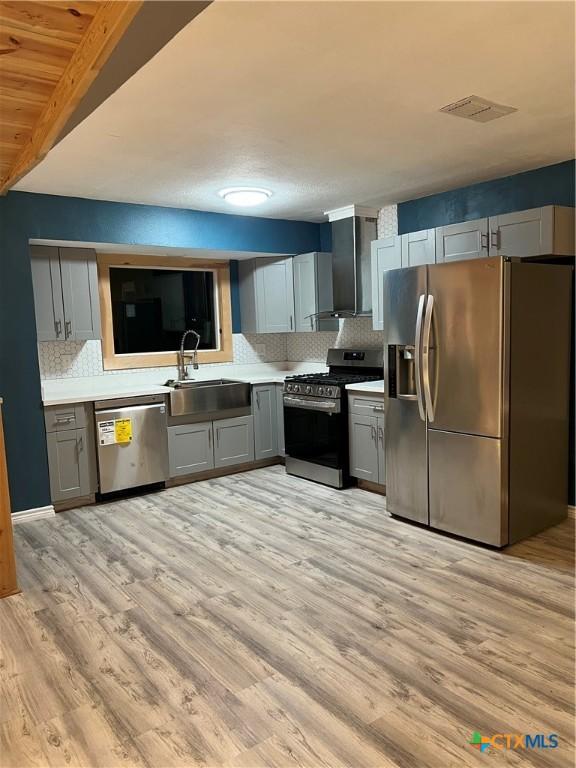 kitchen with light hardwood / wood-style floors, sink, appliances with stainless steel finishes, and gray cabinets