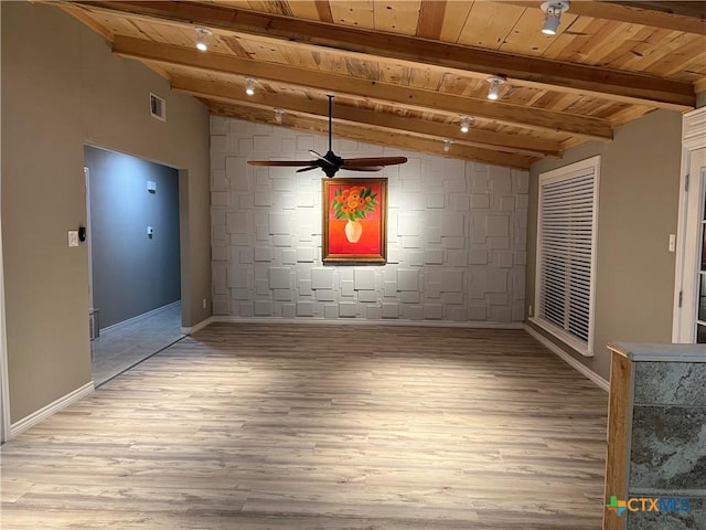 empty room featuring light hardwood / wood-style floors, wooden ceiling, ceiling fan, and vaulted ceiling with beams