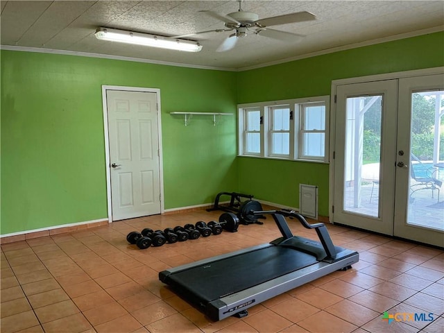 1001 Brookhollow Dr, Port Lavaca, TX 77979 - workout area with french doors, ceiling fan, tile patterned floors, and crown molding