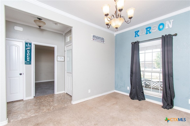 unfurnished room with a chandelier, light colored carpet, and crown molding