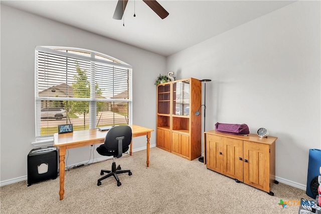 carpeted office with ceiling fan