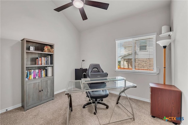 office with light carpet, vaulted ceiling, and ceiling fan