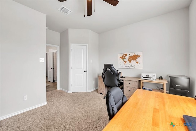 office area with ceiling fan and carpet flooring