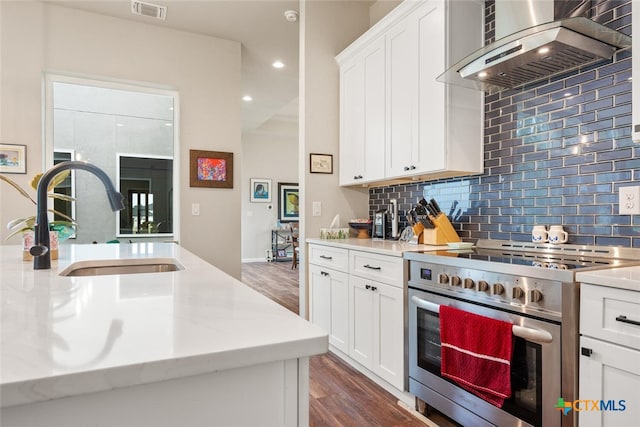 kitchen with sink, light stone countertops, wall chimney exhaust hood, wood-type flooring, and high end stainless steel range oven