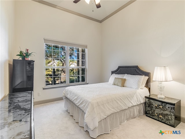 535 Mission Hill Run, New Braunfels, TX 78132 - bedroom featuring ornamental molding, light colored carpet, baseboards, and ceiling fan