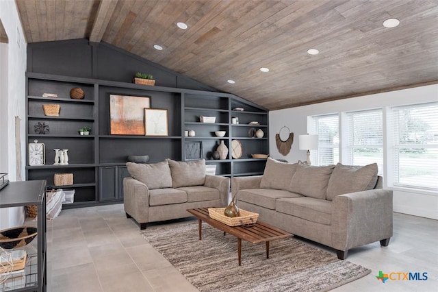 119 W Crockett St, Luling, TX 78648 - living room with lofted ceiling, wooden ceiling, built in shelves, and recessed lighting