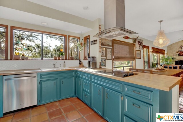 kitchen with black electric cooktop, sink, island range hood, stainless steel dishwasher, and pendant lighting