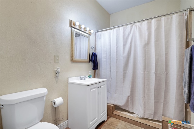 bathroom featuring toilet, a shower with curtain, and vanity