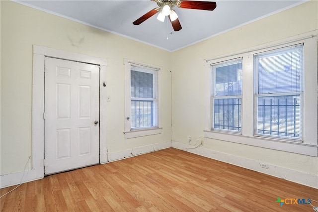 foyer entrance with a wealth of natural light, ceiling fan, and light hardwood / wood-style flooring