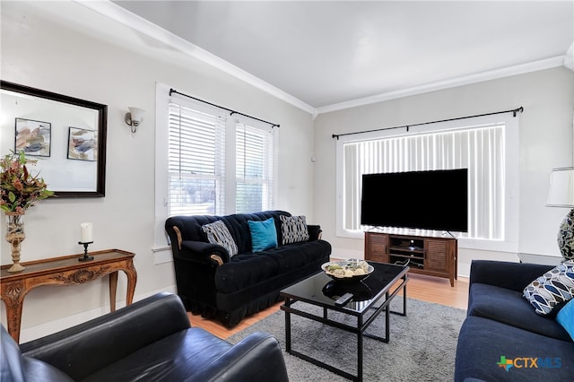 living room featuring crown molding and light hardwood / wood-style flooring