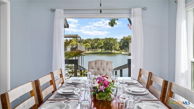 dining space with plenty of natural light, a water view, and hardwood / wood-style floors