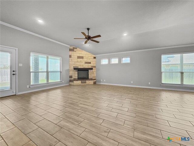 5205 Colina Dr, Killeen, TX 76549 - unfurnished living room with a ceiling fan, a stone fireplace, ornamental molding, baseboards, and recessed lighting