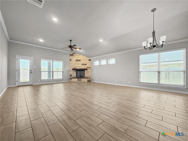 5205 Colina Dr, Killeen, TX 76549 - unfurnished living room featuring ornamental molding, a ceiling fan, baseboards, a chandelier, and a fireplace