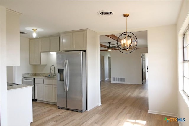 kitchen featuring visible vents, light wood-style flooring, stainless steel appliances, and a sink