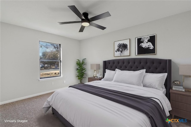 bedroom with ceiling fan and carpet