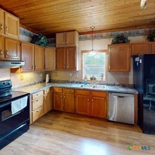 501 Live Oak St, Gatesville, TX 76528 - kitchen with black appliances, under cabinet range hood, wood ceiling, light wood-type flooring, and a sink