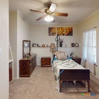 501 Live Oak St, Gatesville, TX 76528 - bedroom featuring crown molding, carpet, a textured ceiling, and a ceiling fan