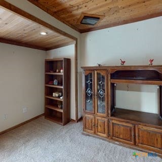 501 Live Oak St, Gatesville, TX 76528 - living area featuring wood ceiling, light colored carpet, and baseboards