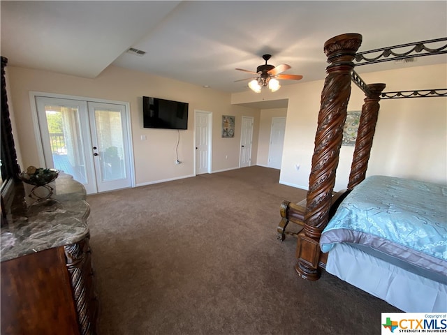 bedroom with carpet flooring, access to exterior, ceiling fan, and french doors