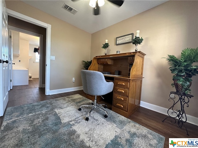 office featuring dark hardwood / wood-style floors and ceiling fan