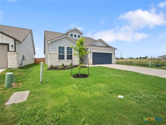 1513 Passmore Downs, New Braunfels, TX 78130 - view of front of home featuring stone siding, a garage, concrete driveway, board and batten siding, and roof with shingles