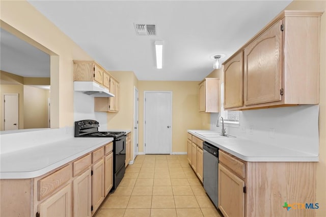 501 Appaloosa Dr, Victoria, TX 77904 - kitchen featuring black range with electric stovetop, under cabinet range hood, dishwasher, light brown cabinetry, and light countertops