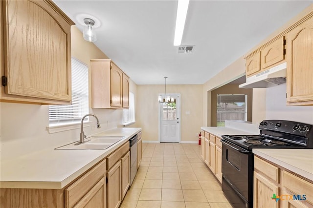 501 Appaloosa Dr, Victoria, TX 77904 - kitchen with black / electric stove, light brown cabinets, under cabinet range hood, light countertops, and light tile patterned floors