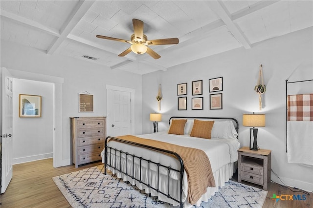905 N Navarro St, Victoria, TX 77901 - bedroom featuring wood finished floors, beam ceiling, and a ceiling fan