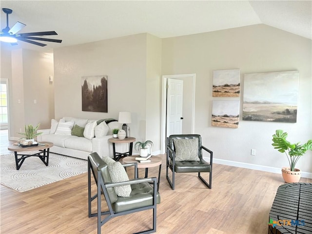 421 Arapaho Dr, Harker Heights, TX 76548 - living area with ceiling fan, light wood-style flooring, baseboards, and lofted ceiling
