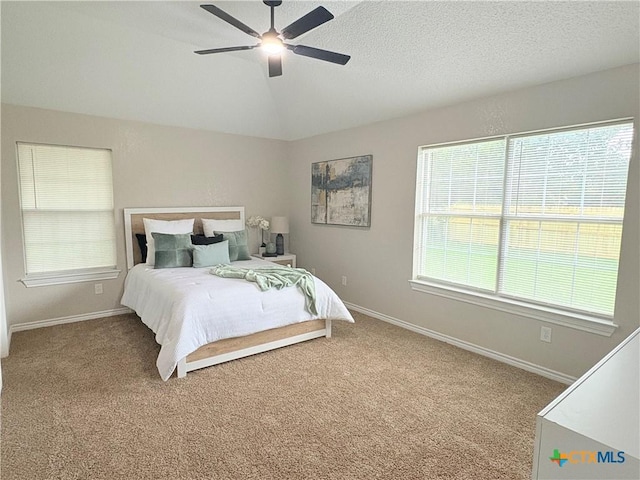 421 Arapaho Dr, Harker Heights, TX 76548 - carpeted bedroom with multiple windows, baseboards, vaulted ceiling, and a ceiling fan