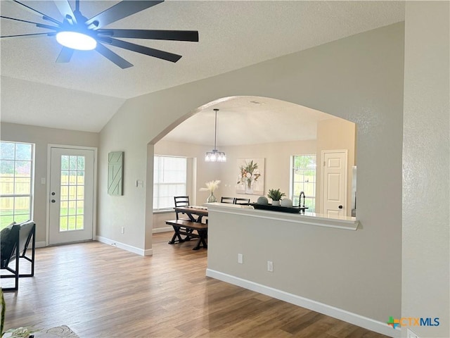 421 Arapaho Dr, Harker Heights, TX 76548 - living room with arched walkways, wood finished floors, lofted ceiling, healthy amount of natural light, and baseboards