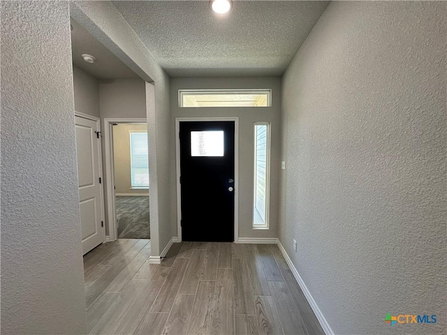 entryway with a textured wall, wood finished floors, a textured ceiling, and baseboards