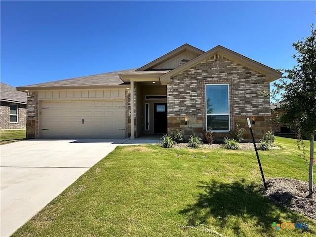 view of front of home featuring a garage, concrete driveway, a front lawn, brick siding, and board and batten siding