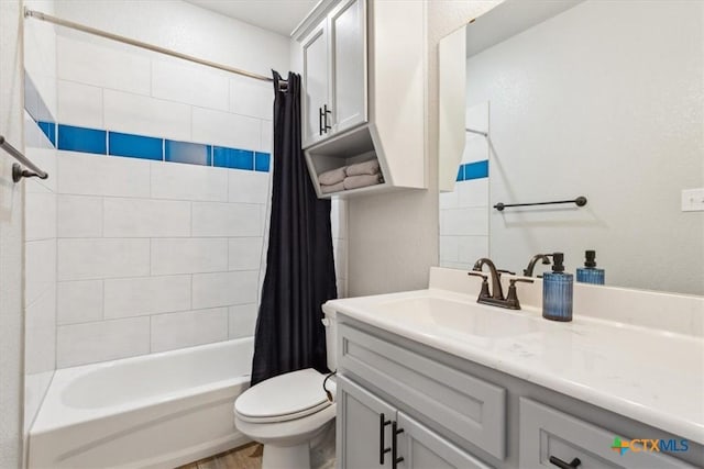 full bathroom with vanity, toilet, and shower / bathtub combination with curtain