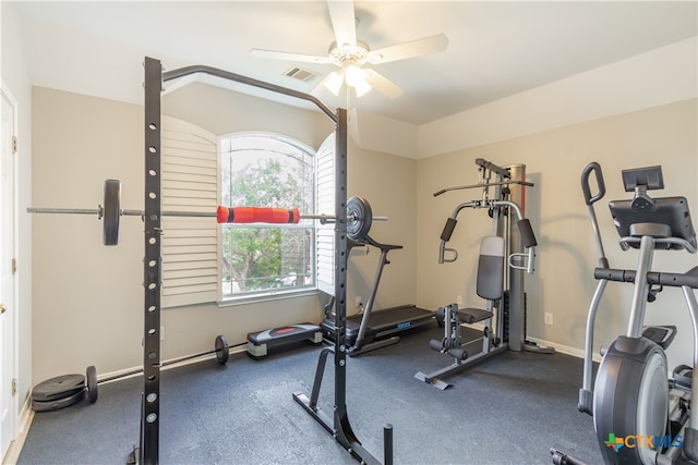 workout room with ceiling fan