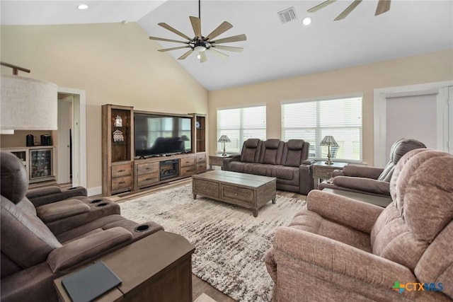105 N Redfish Retreat Dr, Port Lavaca, TX 77979 - living area featuring a ceiling fan, high vaulted ceiling, light wood-style floors, and recessed lighting