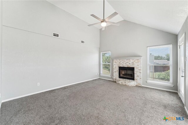 3400 Sally Cir, Kempner, TX 76539 - unfurnished living room with a ceiling fan, a fireplace, baseboards, carpet floors, and high vaulted ceiling
