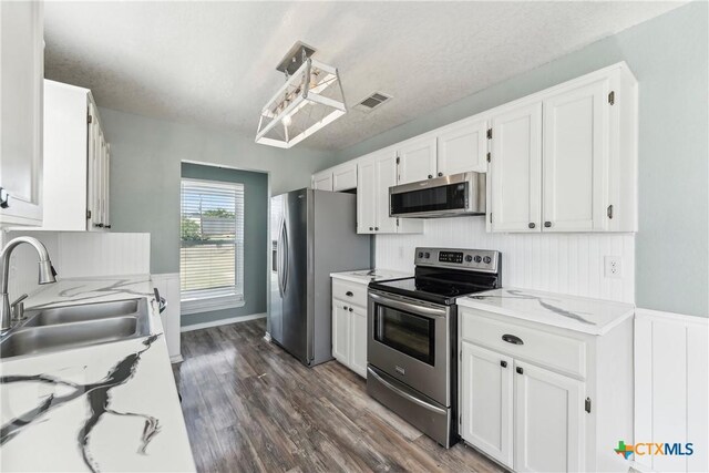 3400 Sally Cir, Kempner, TX 76539 - kitchen with stainless steel appliances, a sink, white cabinetry, dark wood finished floors, and a wainscoted wall