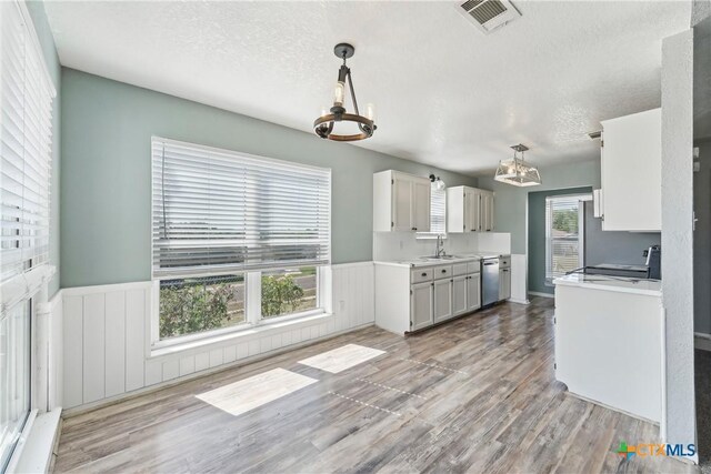 3400 Sally Cir, Kempner, TX 76539 - kitchen featuring dishwasher, a sink, a wainscoted wall, light wood-type flooring, and a textured ceiling