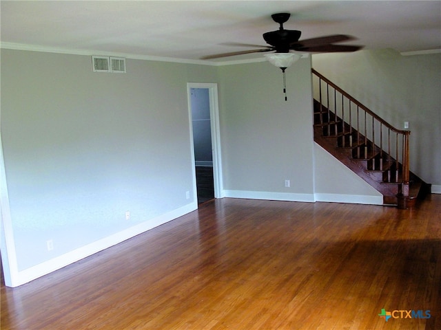 unfurnished living room featuring hardwood / wood-style floors, ceiling fan, and ornamental molding