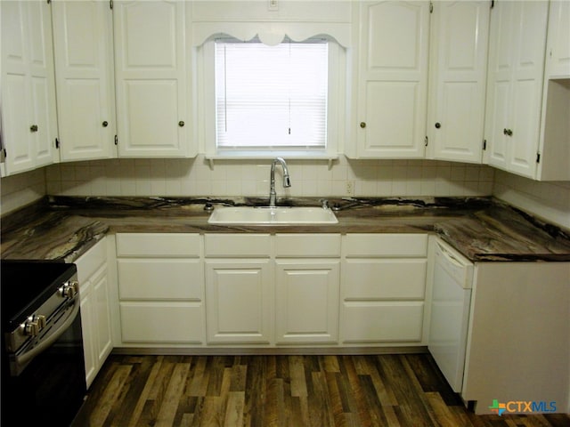 kitchen with white cabinets, dark wood-type flooring, sink, and black electric range